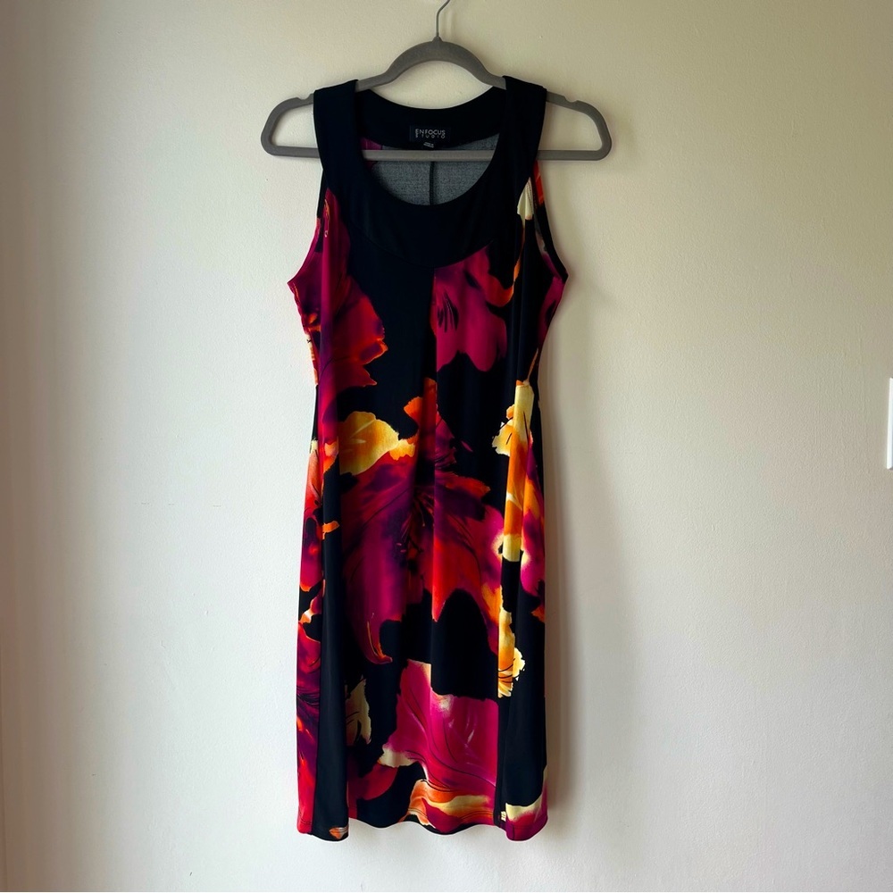 Enfocus Studio Floral Sleeveless A-Line Dress Size 6 Black Pink Orange Tropical